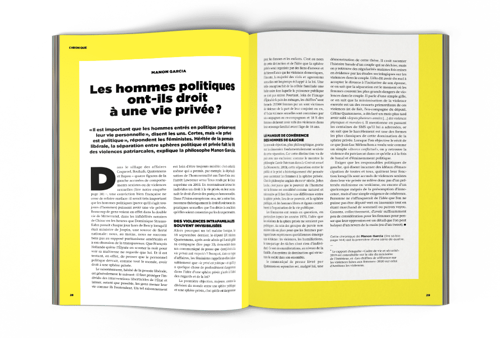mock-up article La Déferlante 9 - Chronique Manon Garcia « Les politiques ont-ils droit d'avoir une vie privée »