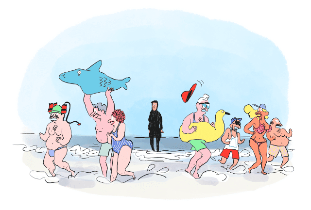 illustration de Maelle Réat pour La Déferlante « Affaire du burkini : le racisme à la plage »