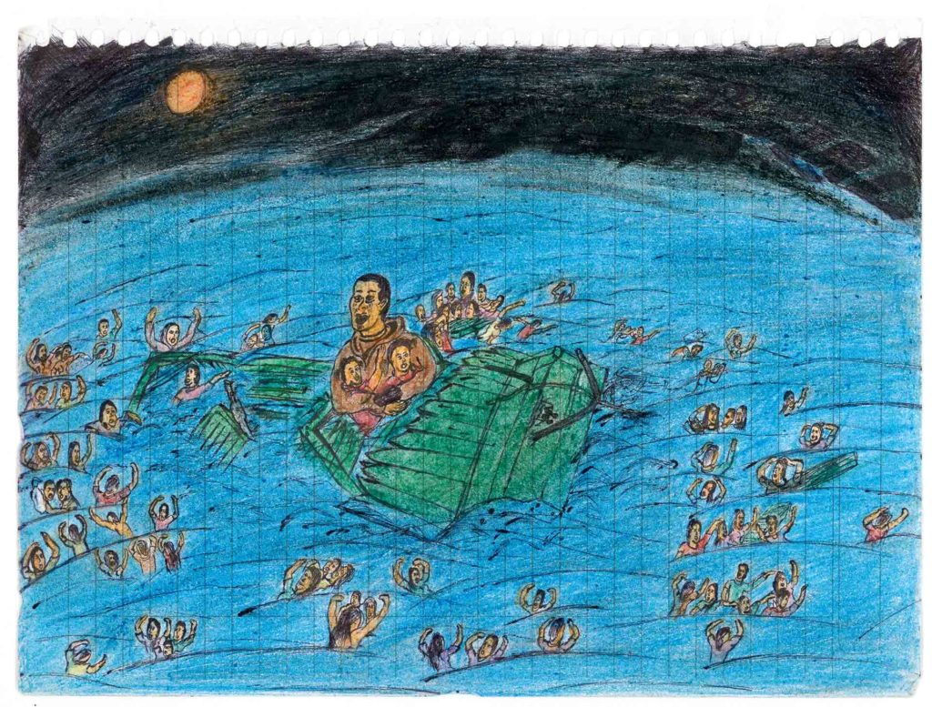 Le dessin ci-dessus nous a été fourni par les équipes de Médecins sans frontières (MSF). Son auteur, un adolescent érythréen de 15 ans, a tenté de traverser la Méditerranée en 2019. Le bateau a coulé et le garçon a assisté à la noyade de 130 personnes. « L’image qui ne le quitte plus est celle d’un père qui tenait ses deux bébés dans les bras. Il ne pouvait pas nager en tenant ses enfants, mais se refusait à les lâcher. L’auteur les a vus sombrer ensemble, sans pouvoir les aider », précise l’équipe de MSF. Transféré en centre de détention libyen quelques jours après le naufrage, il y a réalisé ce dessin.MÉDECINS SANS FRONTIÈRES / DÉFLAGRATIONS