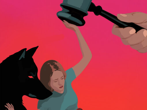 Une mère tente de repousser de sa main gauche un marteau de la justice démesuré, tandis que de l'autre, elle repousse un loup qui tente d'emmener sa fille avec lui.